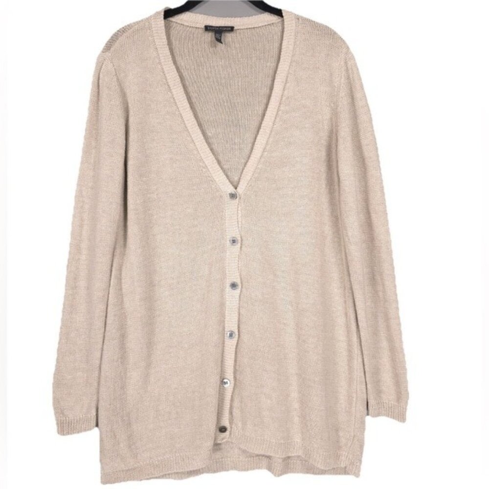 Eileen Fisher Organic Linen Women Knit Button Long Sleeve Cardigan Beige Medium